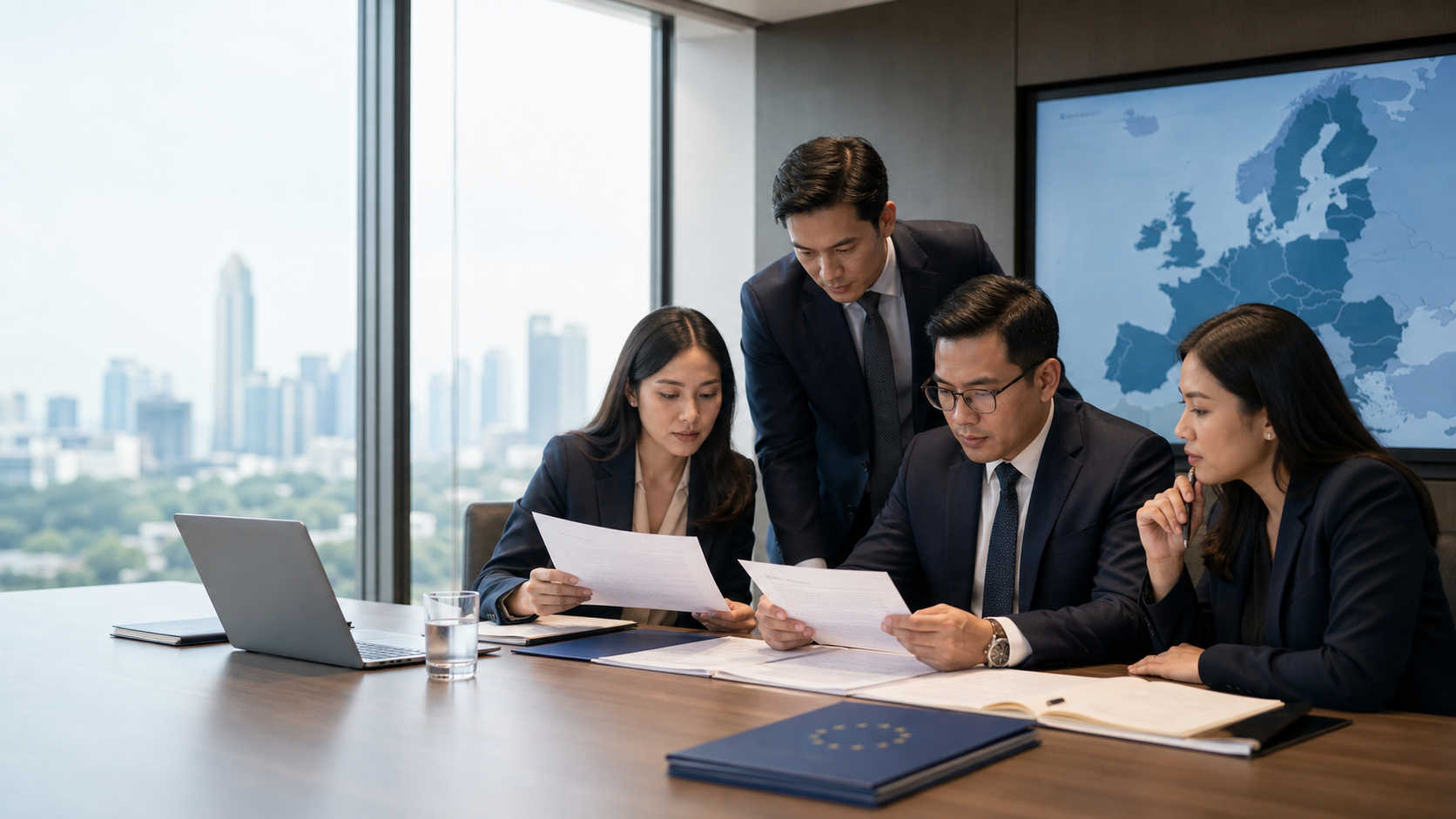 Tim legal dan compliance Indonesia meninjau dokumen multibahasa untuk ekspansi ke pasar Uni Eropa
